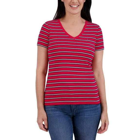 Tommy Hilfiger Women’s V-Neck Tee – Embroidered Branded Flag – Cap Sleeve Silhouette – V-Neckline (Red, Small)