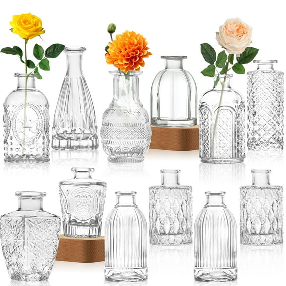 Glass Vase Bud Vase in Bulk Set of 12，Small Vintage Flower Bottle Petite Glass Flower Vase for Floral Arrangements, Decorative Centerpiece,Table Decor,Home Wedding Party