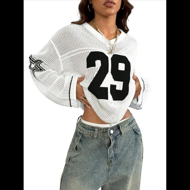 Suéter Tipo Jersey con Cuello en V y Blusas de Crochet Extragrandes para Mujer, Estilo Y2K y Negro M