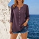 thumbnail image 5 of Craaazy Women's Casual V Neck Blouse, Solid Color 3/4 Sleeve Lace Detail Top, Loose Fit Comfy Button Down Shirt for Daily Wear Gifts, 5 of 7
