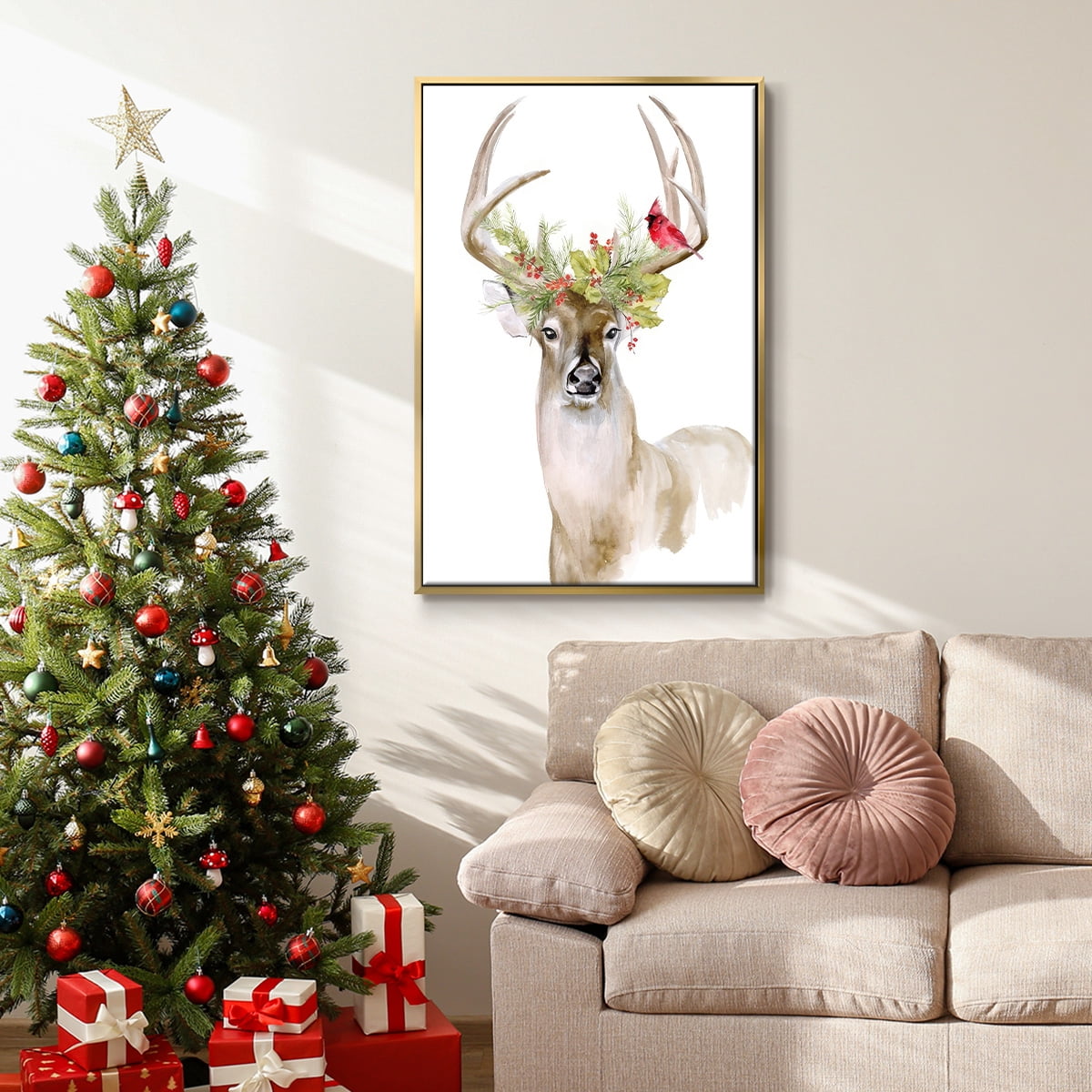 Holiday Deer I - Framed Gallery Wrapped Holiday Canvas - 27 x 41 - Gold Frame