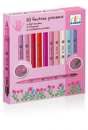 Djeco Sweet Pink Felt Tip Pens - Pack Of 10, Double-Ended Brush & Fine Tip, Rich Color, Top Quality Kids Art