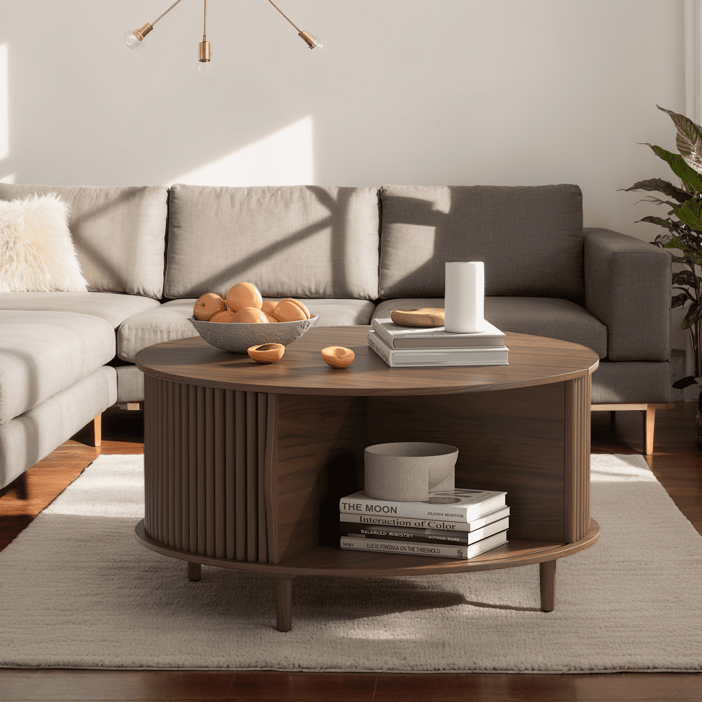 JOINICE Round Coffee Table with Storage and Sliding Door,Mid Century Modern Wooden Center Table,for Living Room,Walnut