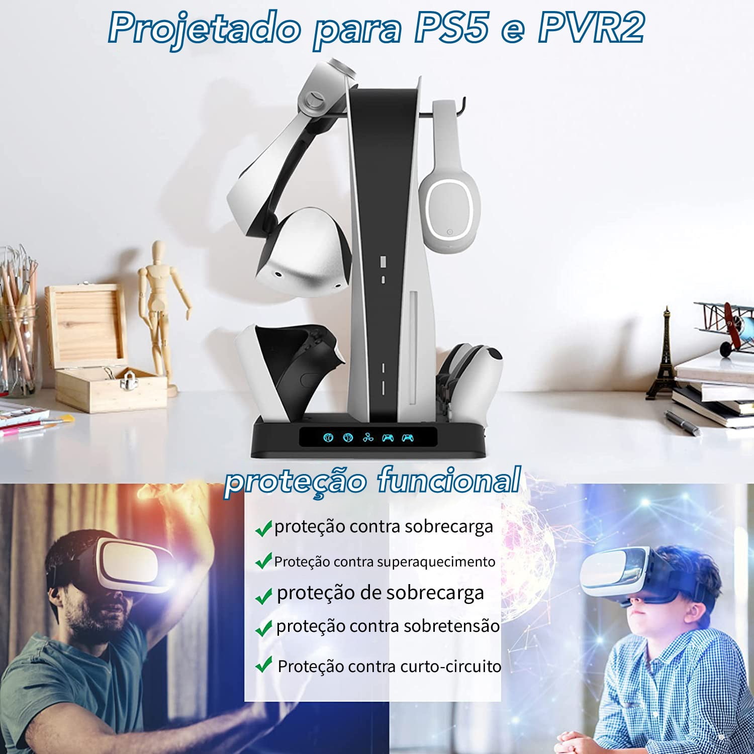 Charging Stand for PS5 & PSVR2, Vertical Stand with Cooling Fan Game Controller Wireless Charging Station, VR2 Headset Base Accessories-Black