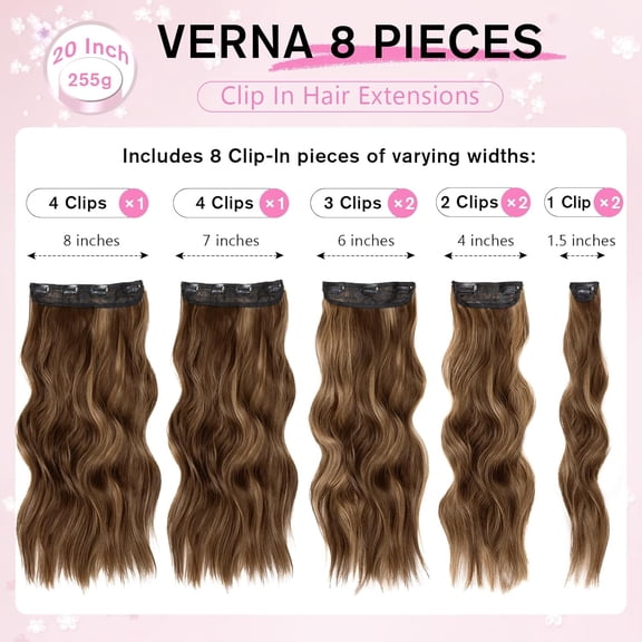 WEIF-Clip in Hair Extensions for Women, 20 Inch Light Brown Hair Extensions Mix Blonde, 8PCS Curly Seamless Clip Ins Wavy, Synthetic Lace Weft Hairpieces for Daily Party Use