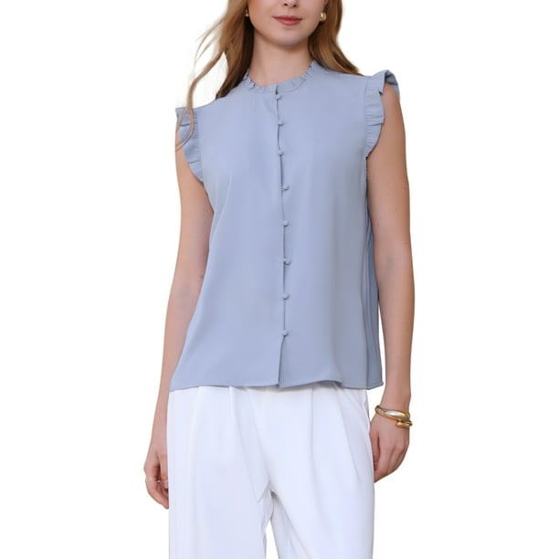 CAMISA SIN MANGAS PARA MUJER INSPIRADA CHIC, CON BOTONES, VOLANTES Y CUELLO REDONDO, BLUSA DE OFICINA, TAMAÑO M, COLOR GRIS AZUL