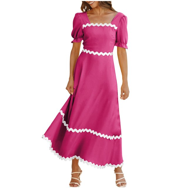 Pisexur Women's Boho Maxi Dresses Short Sleeve Square Neck Summer Dresses Fashion Flowy Tiered Ruffle Beach Dresses