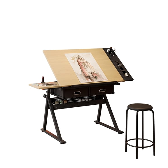 Height Adjustablec Drafting Table with Stool and 2 Storage Drawers, 0-75° Tilting Tabletop Design,Art Drawing Desk for Artists, Students & Crafting
