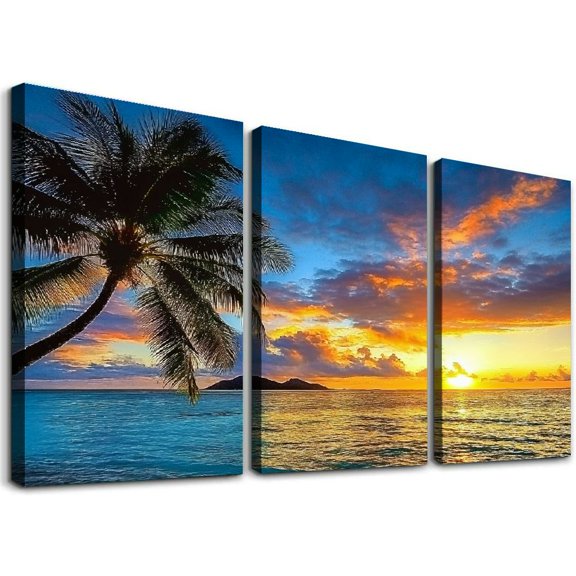 Shadudu Seascape Sunset Pictures Palm Art Print Canvas Painting, Modern Simple Style,by Artist Buanfen Yu,12x16in x3 12x16x3pcs