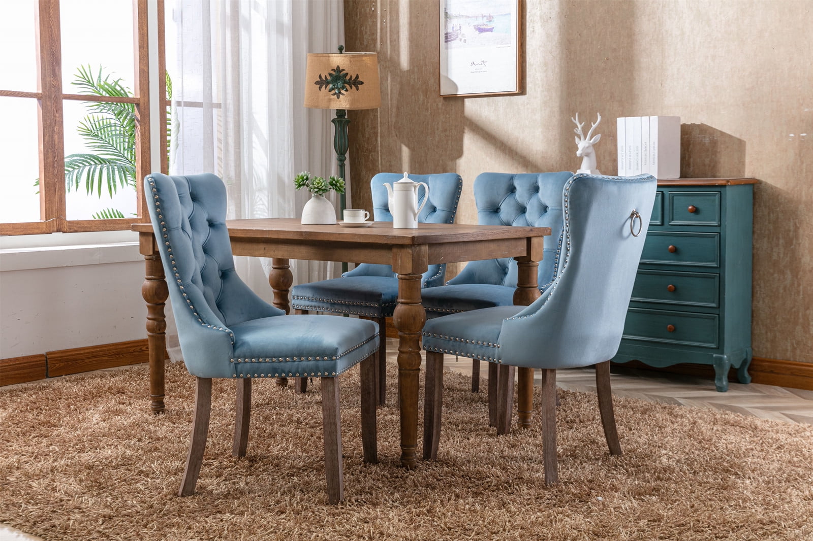MAYEERTY Modern High-End Tufted Dining Chair - Solid Wood, Velvet Upholstery, Wood Legs, Nailhead Trim, Light Blue, 2-Pcs Set