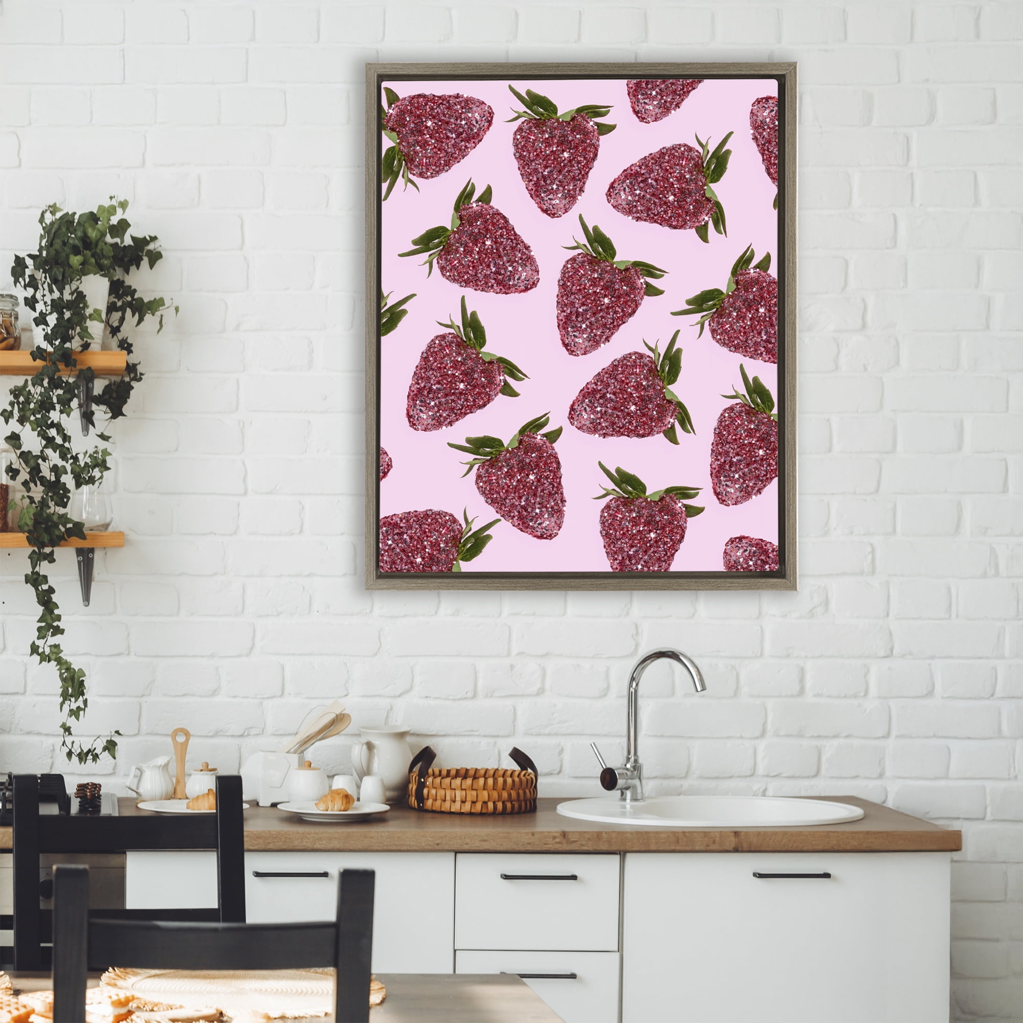 Stupell Industries Glimmer Strawberry Pattern Brown Framed Floater Canvas Wall Art, design by LISH Creative