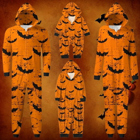 

XUNHAO Family Matching Outfits Parent Child Printed Hooded Zipper Home Jumpsuit Family Picture Outfits