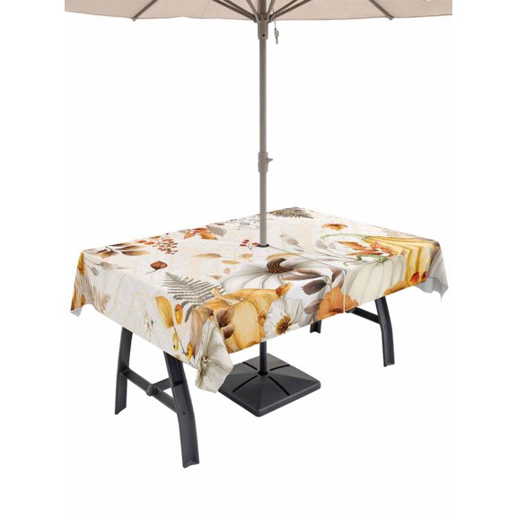 Outdoor Tablecloth with Umbrella Hole and Zipper, Fall Grey Orange Rectangle Table Cloth 60x120 Inch Waterproof Tablecloth, Thanksgiving Pumpkins Maple Leaf Geometric Picnic Table Cover for Patio