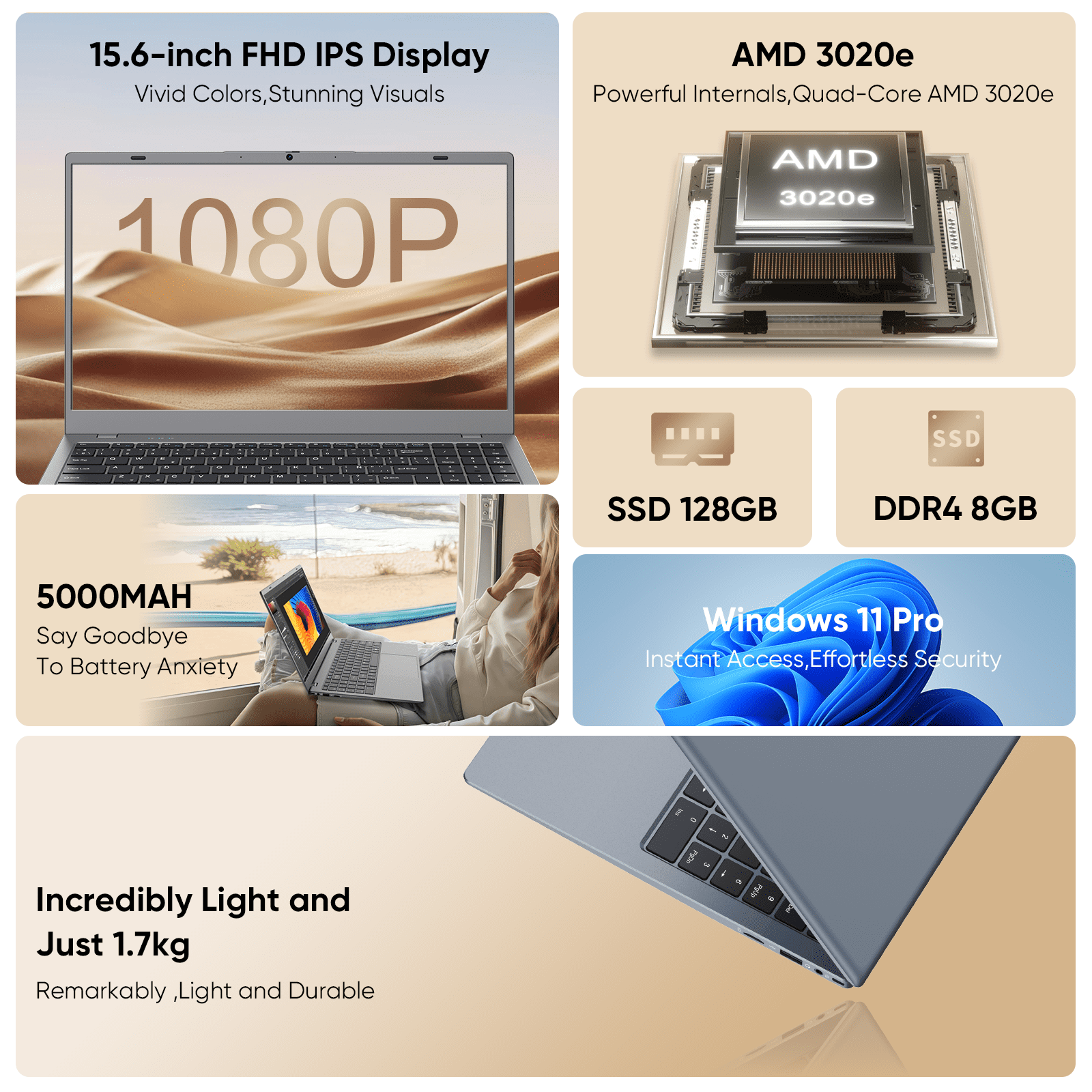 Coolby Laptop,15.6'' Laptop Computer,8GB RAM LPDDR4 128GB SSD(Expandable to 1TB), AMD Athlon Processor Up to 2.6 GHz,WiFi 5,BT 5.0, Webcam, Poratable Student and Business ,Home Laptops