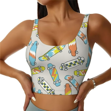 Jgfou Skateboard Print Womens Sports Bra - Padded Workout Sports Bras Crop Tank Top
