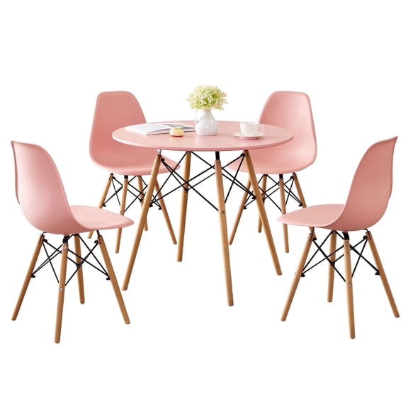 5-Piece 31.5'' Round Dining Table Set for 4, Kitchen Table Chair Set of 4, Mid-Century Modern Dinette Dining Room Table Set Dinner Table for 4 W/Solid Wood Legs, Pink
