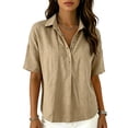 thumbnail image 5 of Women Loose Fit Polo Collar Short Sleeve Button Down Shirt Casual Relaxed Blouse Lightweight Summer Top for Daily Wear Khaki 2XL, 5 of 7