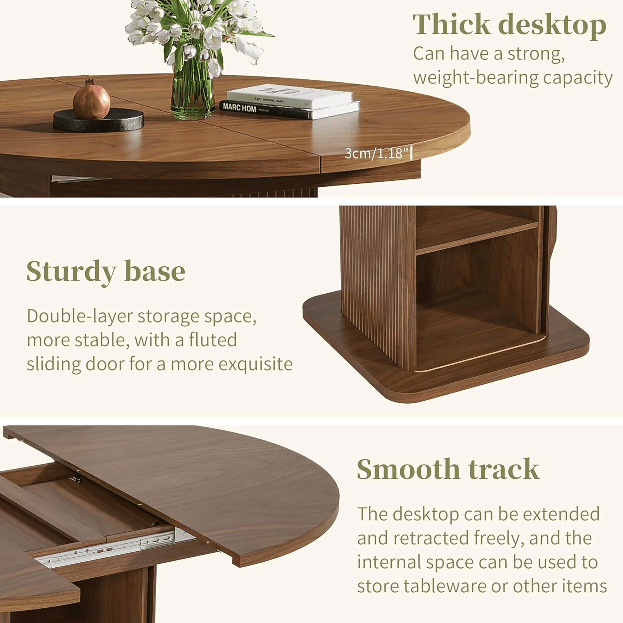 Round Dining Table for 4-8, 43.3''-59'' Extendable Kitchen Table Dinner Table with 2-Layer Storage Shelf and Wood Slide Door for Home Living Room, Walnut