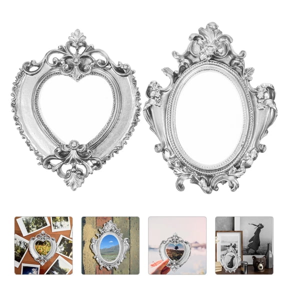 IBASETOY 2Pcs Small Plated Silver Picture Frames with Vintage Design for Home and Jewelry Display