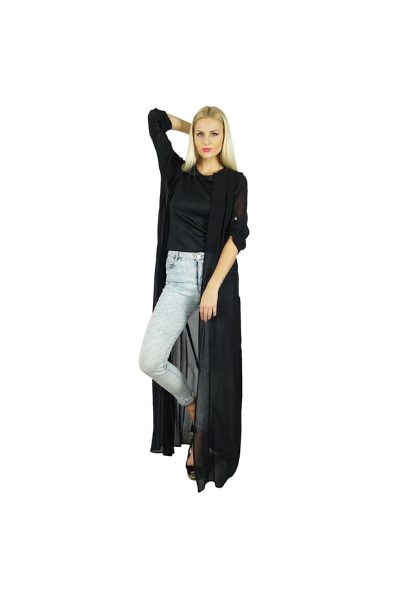 Women Long Black Georgette Shrug Sheer Cover Up Drape