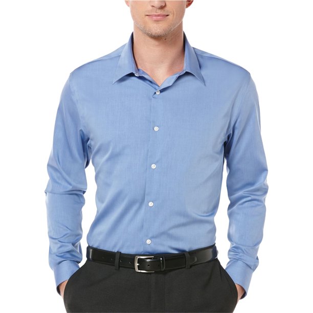 Perry Ellis - Camisa de manga larga con botones para hombre sin planchado, azul, grande