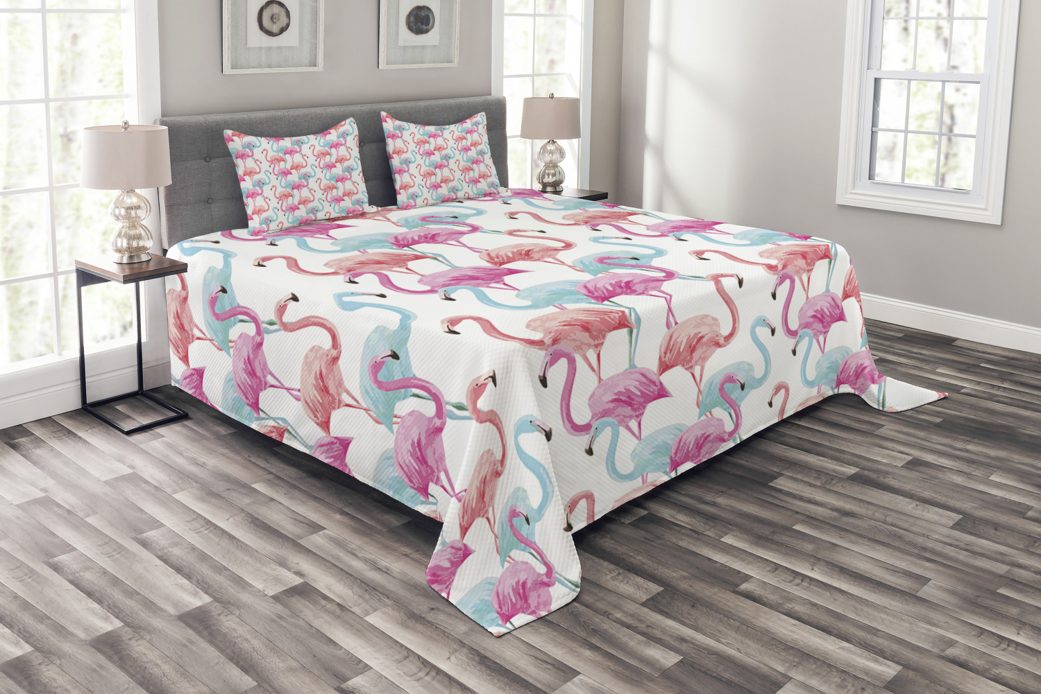 Watercolor Bedspread Set King Size, Flamingos in Many Colors Hand Drawn