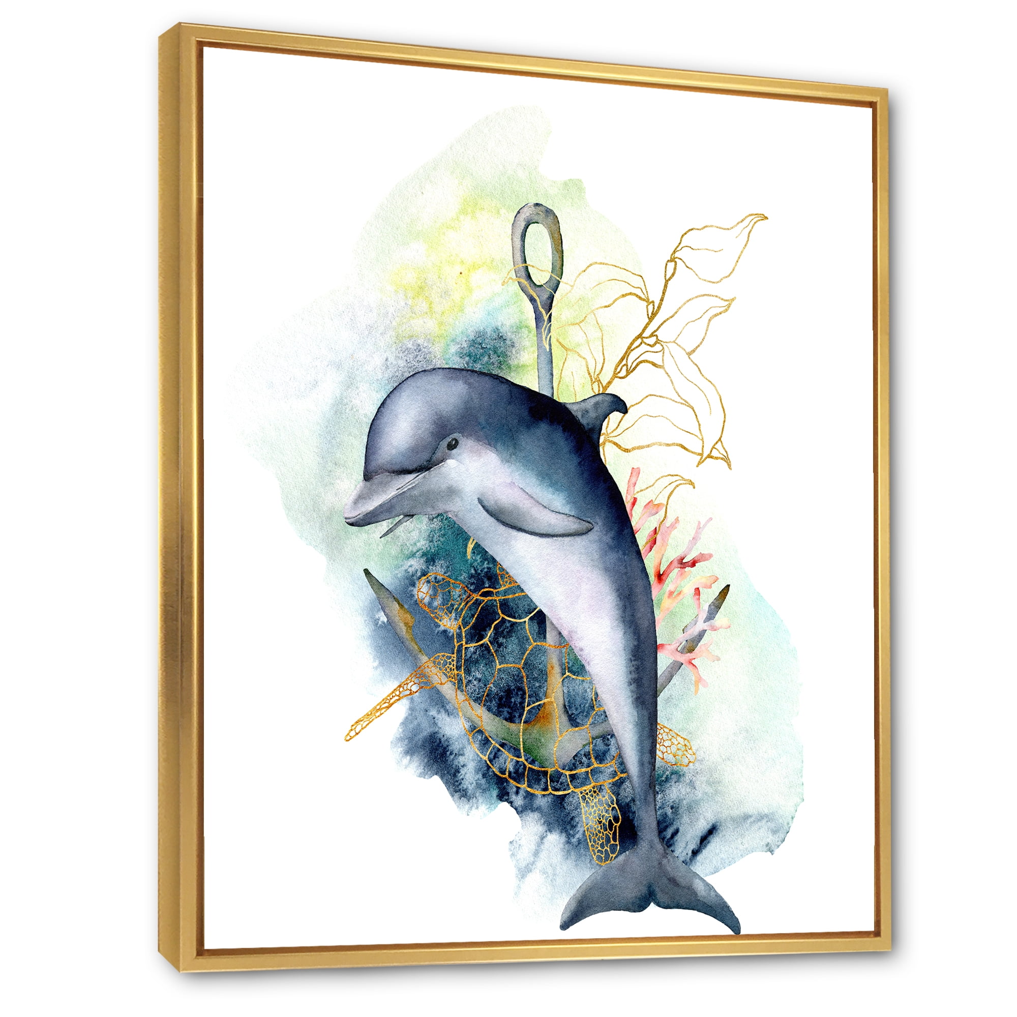 Designart 'Linear Coral Reef Plants and Dolphin Turtle Anchor' Nautical & Coastal Framed Canvas Wall Art Print
