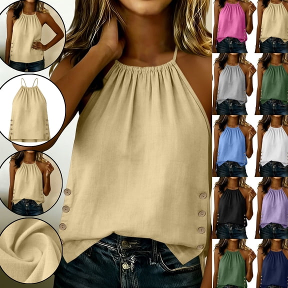 Gamivast Halter Tops for Women Side Button Solid Halter Neck Loose Fit Flowy Tank Tops Lightweight Detail Sleeveless Summer Tops for Vacation Going out Wear outfits
