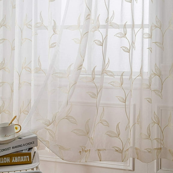 Sheer Curtains 84 Inches Long 2 Panels Set Cream Beige Embroidered Floral Leaf Pattern Rod Pocket Semi Voile Window Curtains/Drapes for Bedroom Living Room 54 x