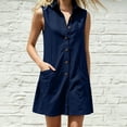 thumbnail image 7 of Women's Sleeveless Solid Color Cotton Linen Blend Shirt Dress Collared Button Down Casual Dress with Pockets Navy S(S), 7 of 7