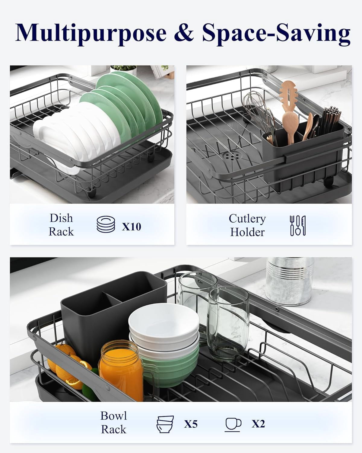 Dish Drying Rack for Kitchen Counter, Stainless Steel Sink Organization and Storage Essentials with Cutlery Holder, Home and Appartment Decor, 12.2"W x 15.7"~23"L
