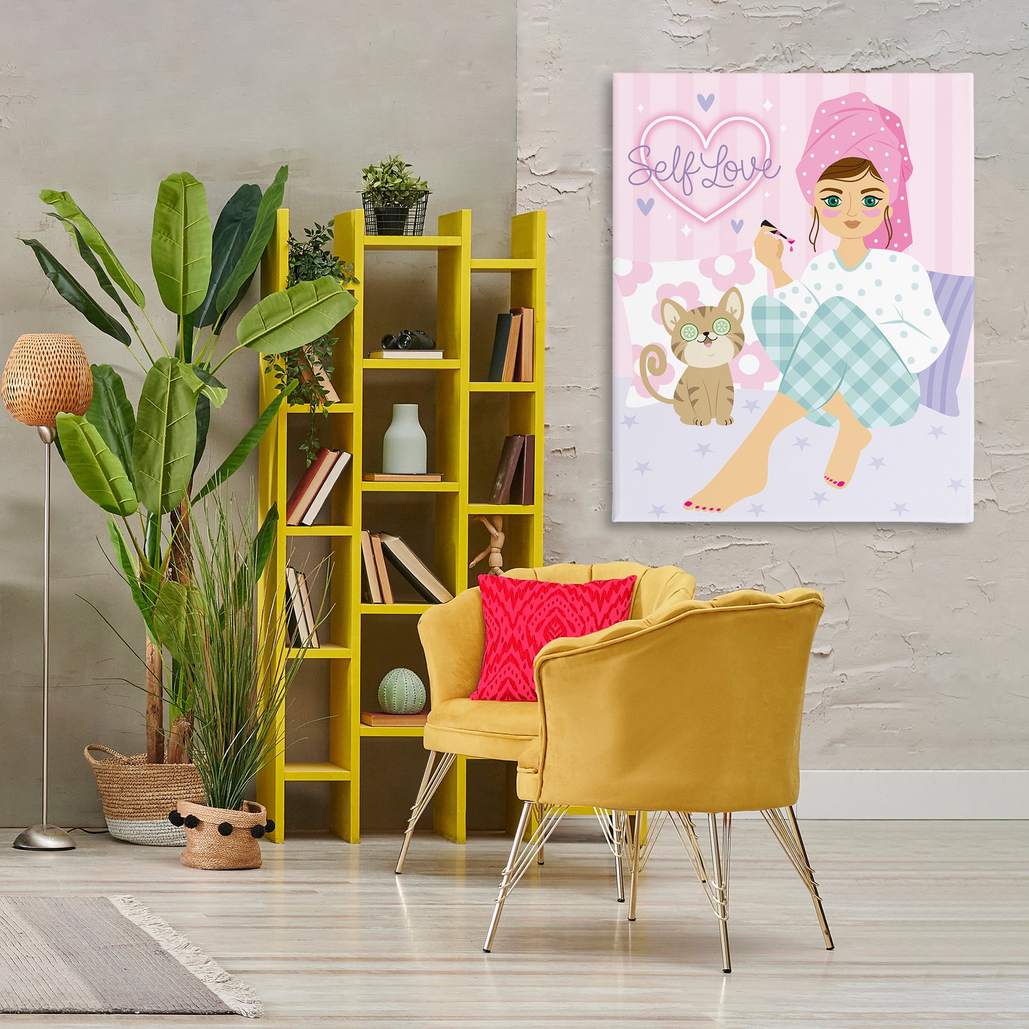 Stupell Industries Self Love Girl & Cat People Painting Wrapped Canvas Art Print Wall Art, 36 x 48