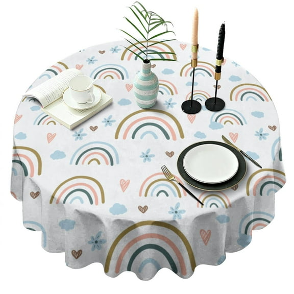 Round Waterproof Tablecloth 60×60 Inch, Boho Style Reusable Indoor/Outdoor Durable Table Cover for Party Kitchen Dinner Room Decor
