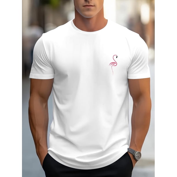 Camiseta deportiva de manga corta de verano para hombre, con cuello redondo y estampado de flamencos, cómoda y versátil.