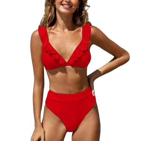 Clearance DondPO Womens Bra and Panty Sets Women s Bikini Set with Ruffles and High Waist Sexy Two Piece Swimsuit Swimwear Matching Underwear and Bra Sets Plus Size Bra and Panty Set Red S