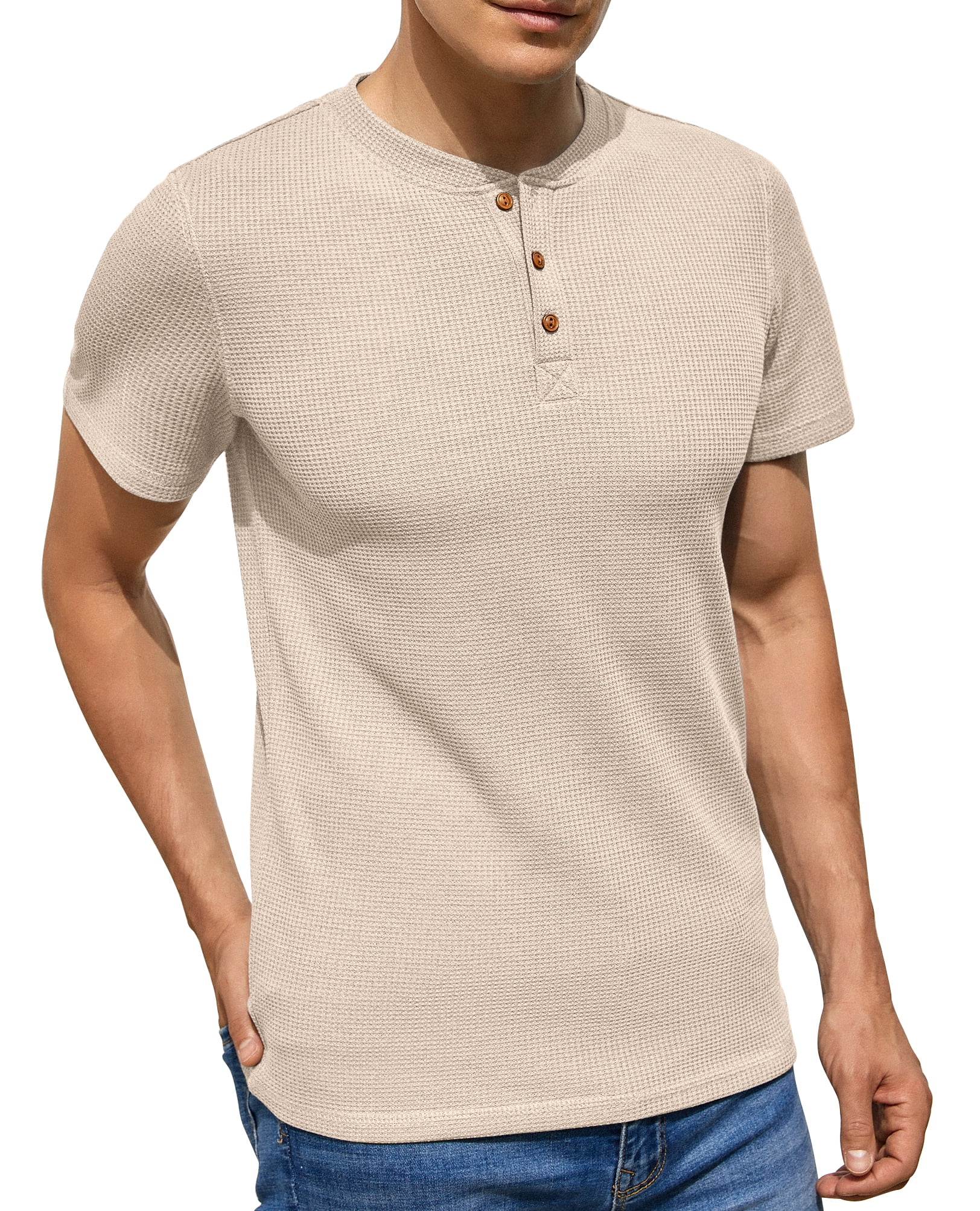 Men's Short Sleeve Waffle Henley T-Shirt Summer Casual Tee For Men