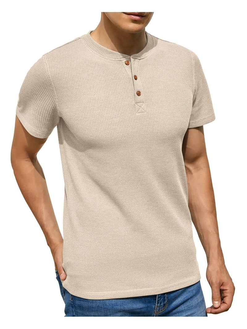 GIRUNS Men's Short Sleeve Waffle Henley T-Shirt, Lightweight