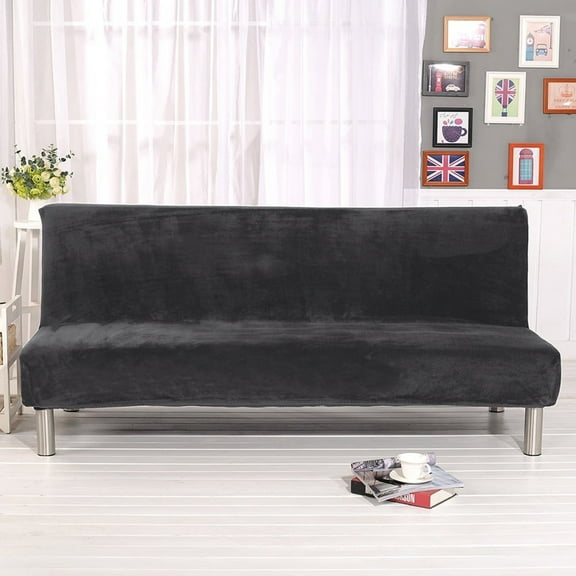 Eurhowing Velvet Futon Cover, Thick Plush Stretch Armless Sofa Bed Slipcover, Soft Couch Sofa Cover Futon Slipcover Furniture Protector with Elastic Bottom(Dark Gray)