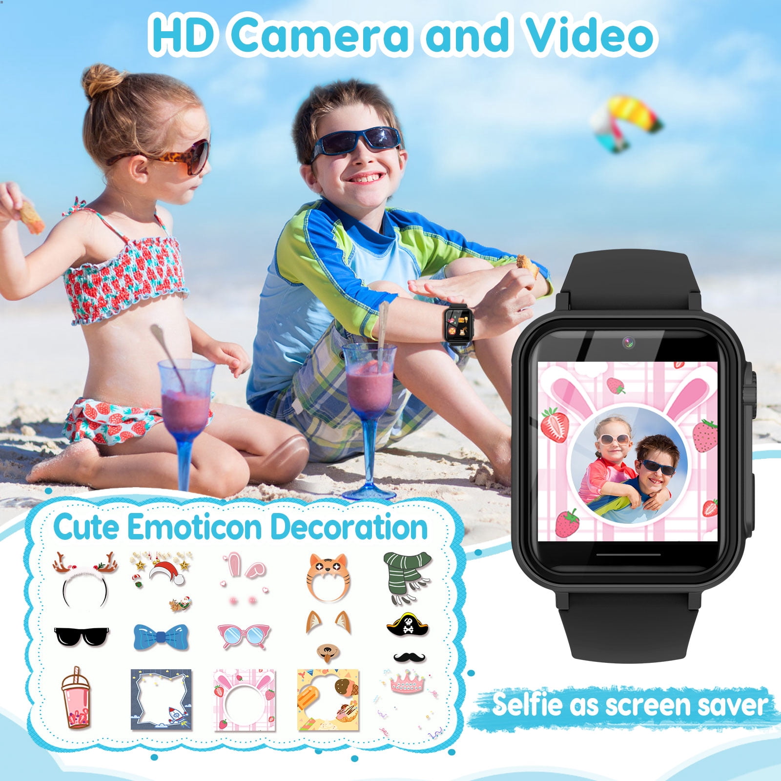 Eurhowing Kids Smart Watch Age 3-12, 31 Games, Learning Cards, HD Touch Screen, Camera, Music, Audiobook, Pedometer, Fun & Educational Birthday Gift Idea, Black