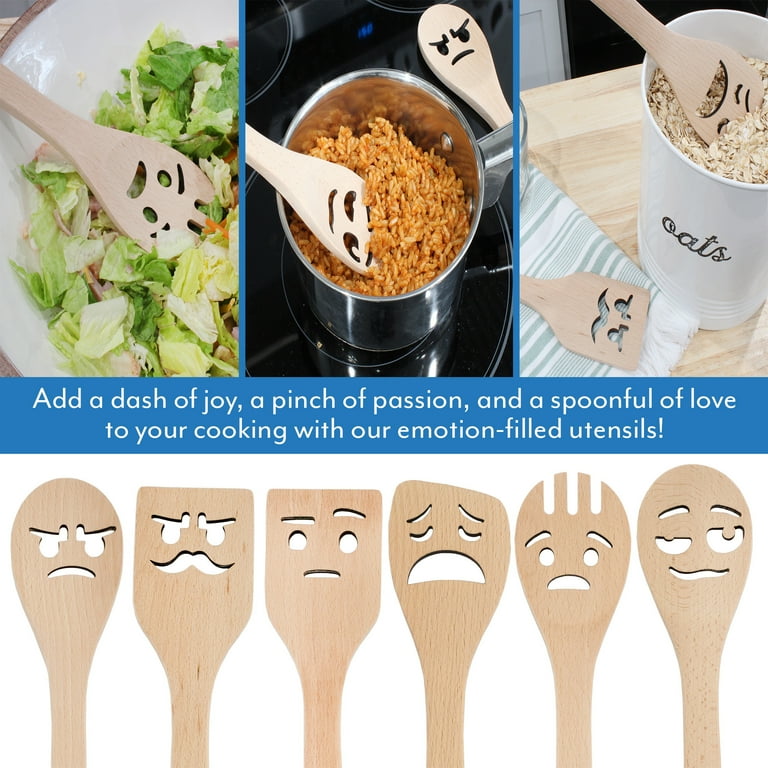 Darware Funny Face Wooden Spoons (Set of 6); Smiley Face Emotional and Silly  Kitchen Cooking Utensil Set 