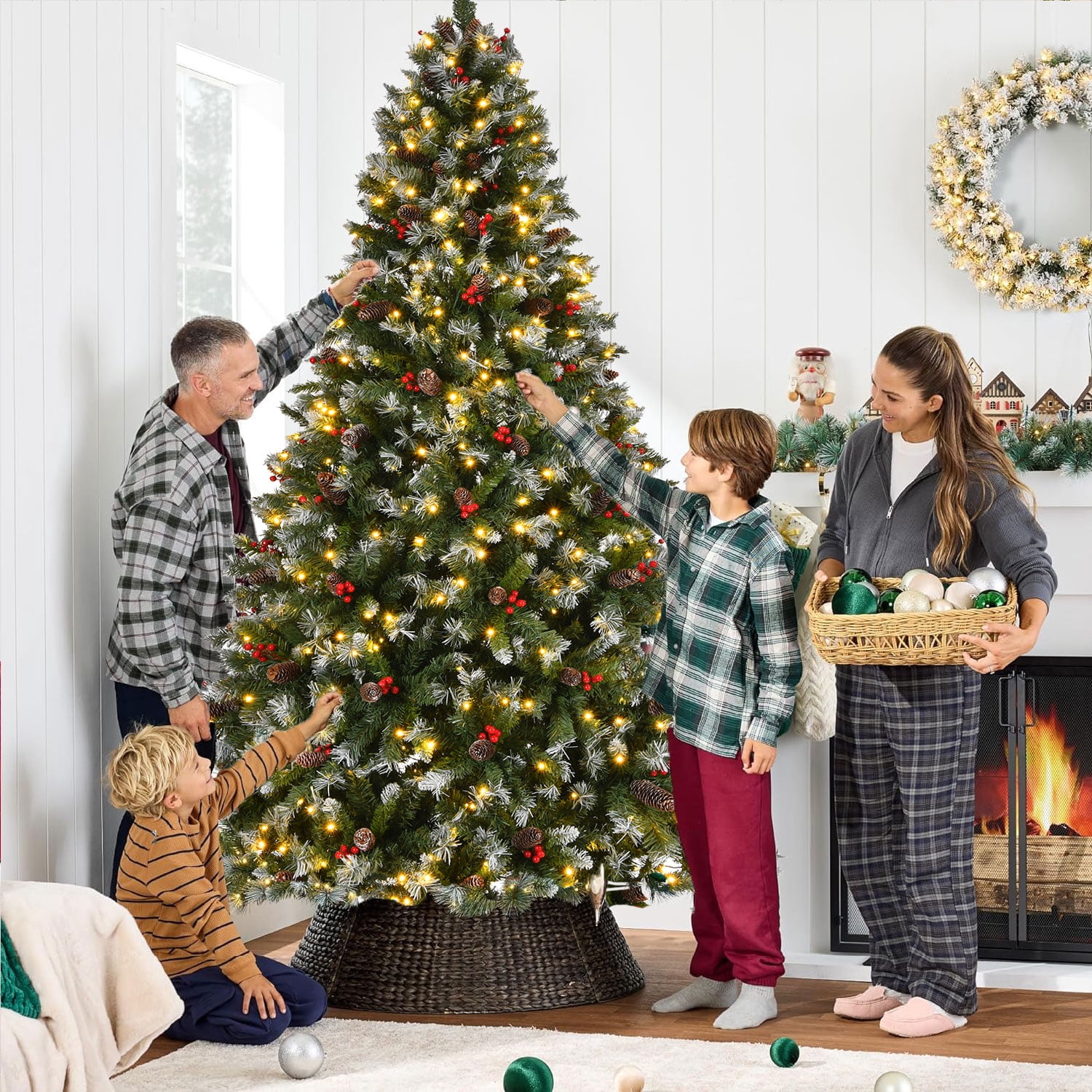 Pre-Lit Artificial Christmas Tree 7.5 ft Green PVC with Lights, Berries, Pinecones