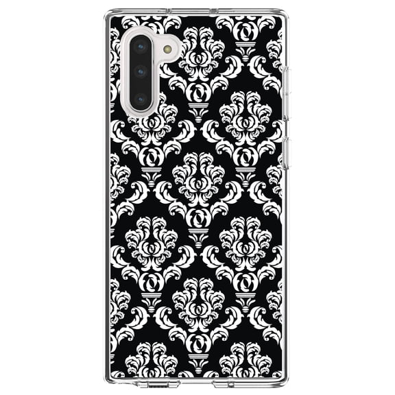 DistinctInk Clear Shockproof Hybrid Case for Samsung Galaxy Note 10 (6.3" Screen) - TPU Bumper, Acrylic Back, Tempered Glass Screen Protector - Black White Damask Pattern - Floral Damask Pattern