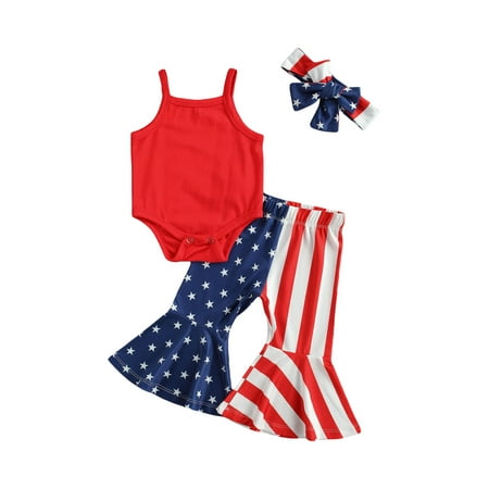 

Canrulo 4th of July Infant Baby Girl Outfit Sleeveless Spaghetti Straps Romper Star Stripes Flared Pants Headband Set Red 6-12 Months