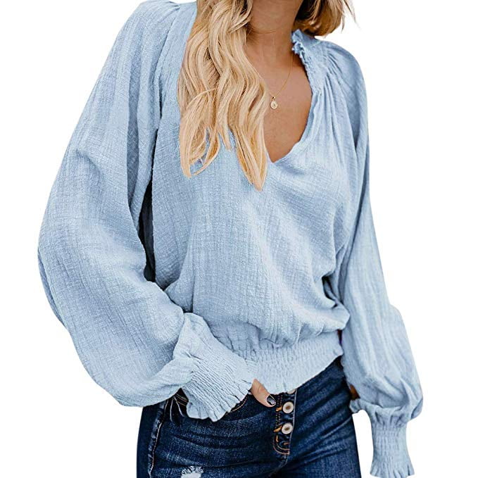 Womens V-Neck Smocked Peasant Blouse Lantern Long Sleeve Loose Shirts |  Walmart Canada