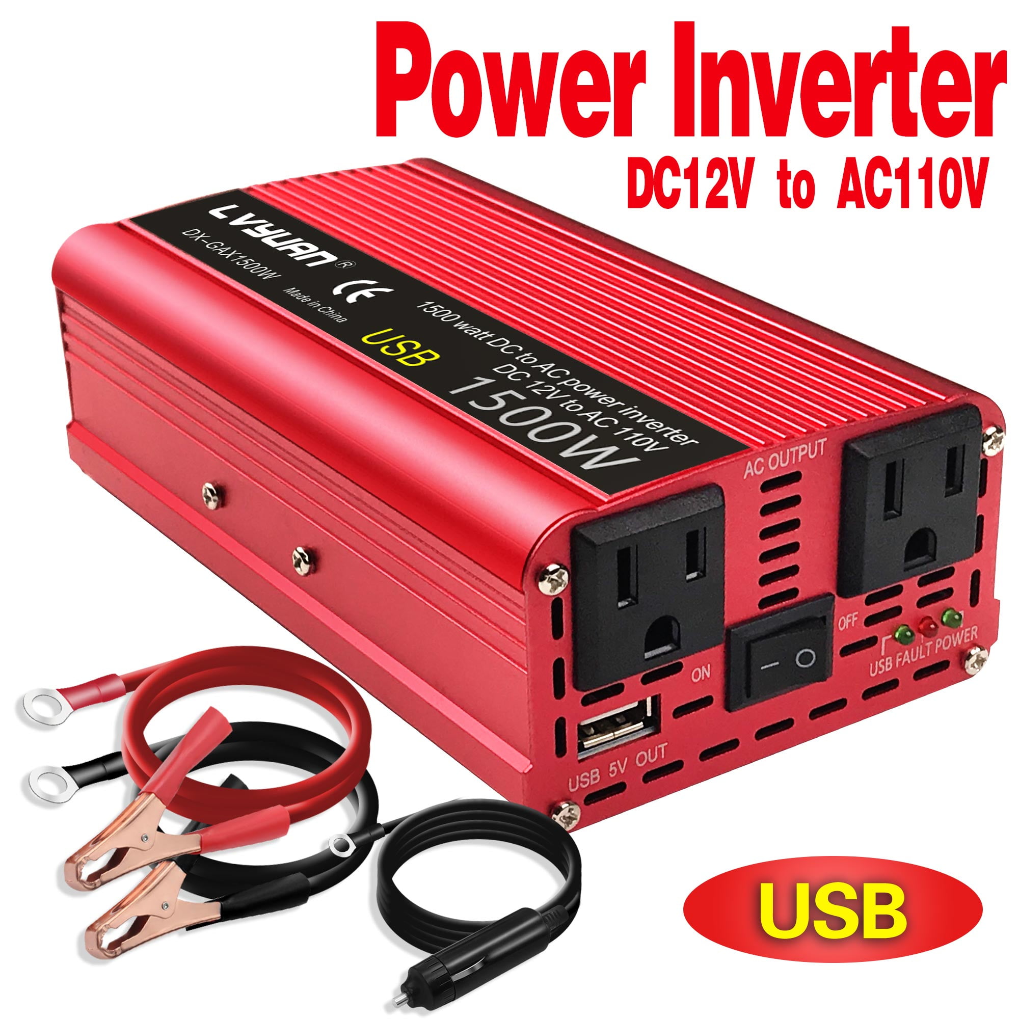 500W 300W 500W 1000W 1500WPower Inverter Converter DC 12V to AC 110V Car Charger with 2.1A 2 USB Ports Car Power Adapter-Red