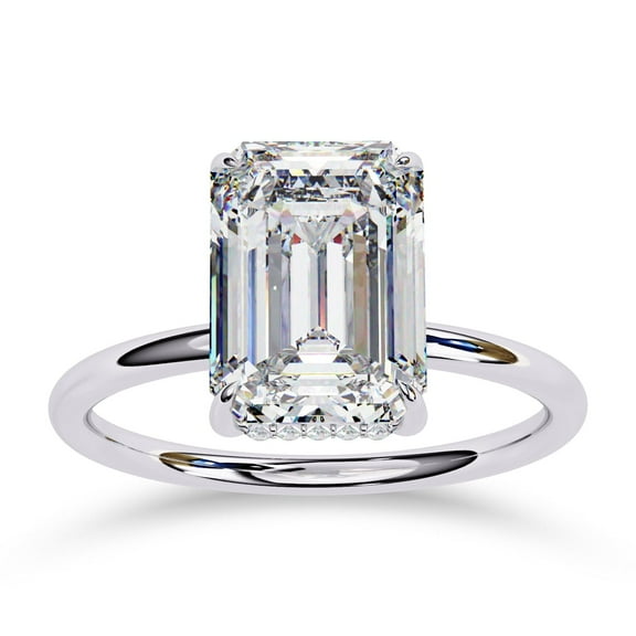 AFFY Hidden Halo Engagement Ring for Women, 2.60 Carat (ctw) Emerald and Round Cut Lab Grown Diamond Solitaire Ring In 14K White Gold Over Sterling Silver F-G-H, SI Quality Ring Size-4