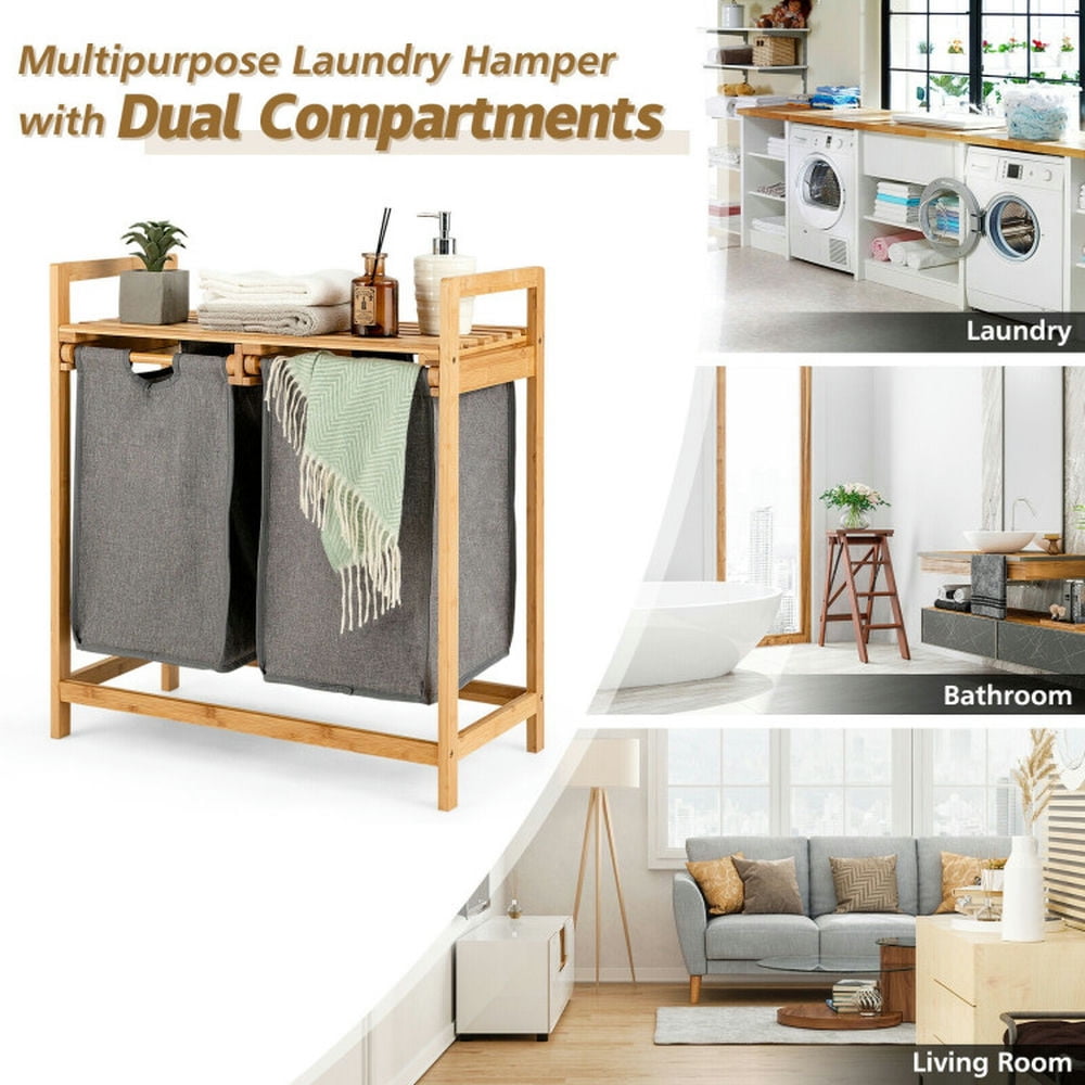 Finihen Laundry Hamper, Laundry Basket, Bamboo Laundry Hamper with Dual Compartments Laundry Sorter and Sliding Bags, for Bathroom, laundry Room, Natural Finihen Laundry Hamper, Laundry Basket, Bamboo Laundry Hamper with Dual Compartments Laundry Sorter and Sliding Bags, for Bathroom, laundry Room, Natural