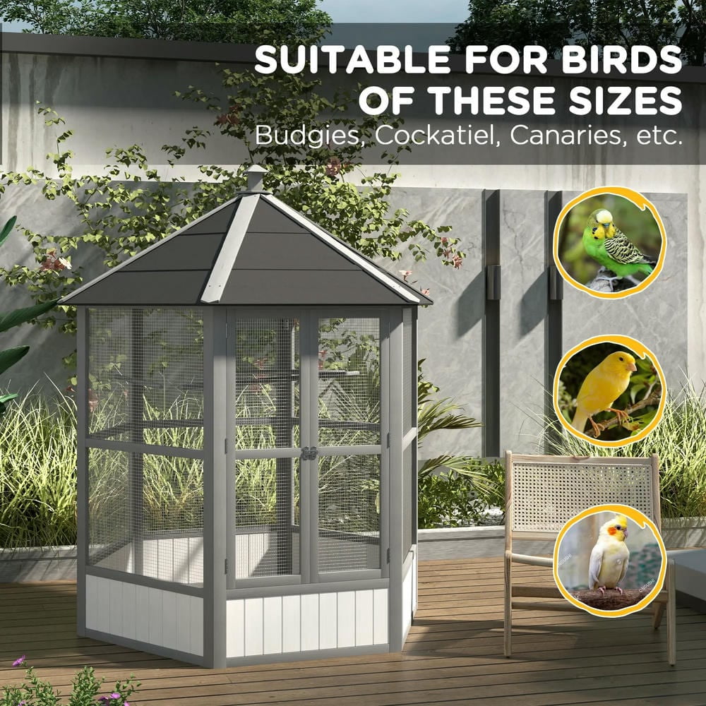 Barara King Bird Cage, Bird Habitat Small Animal Travel Cage,69" Wooden Hexagonal Outdoor Aviary Flight Bird Cage With Covered Roof, Brown
