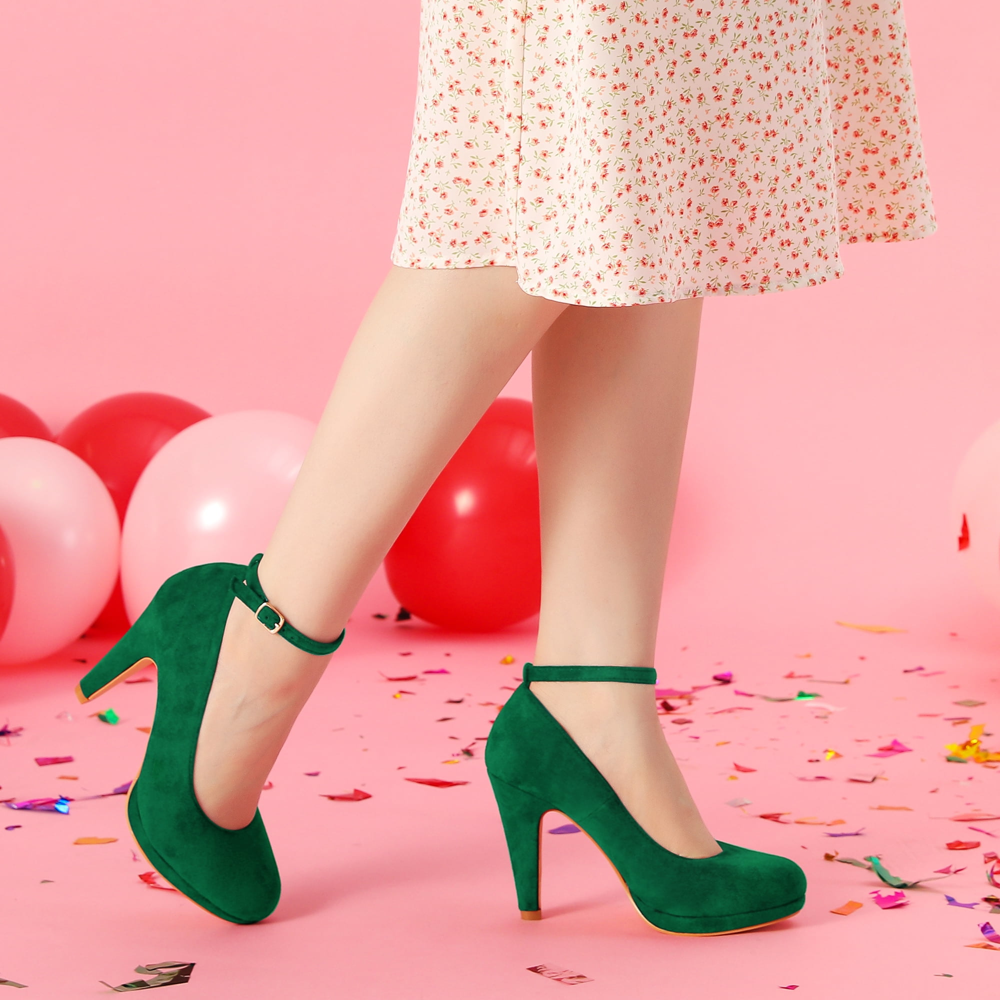 Unique Bargains Women's Ankle Strap Round Toe Stiletto Heels Pumps