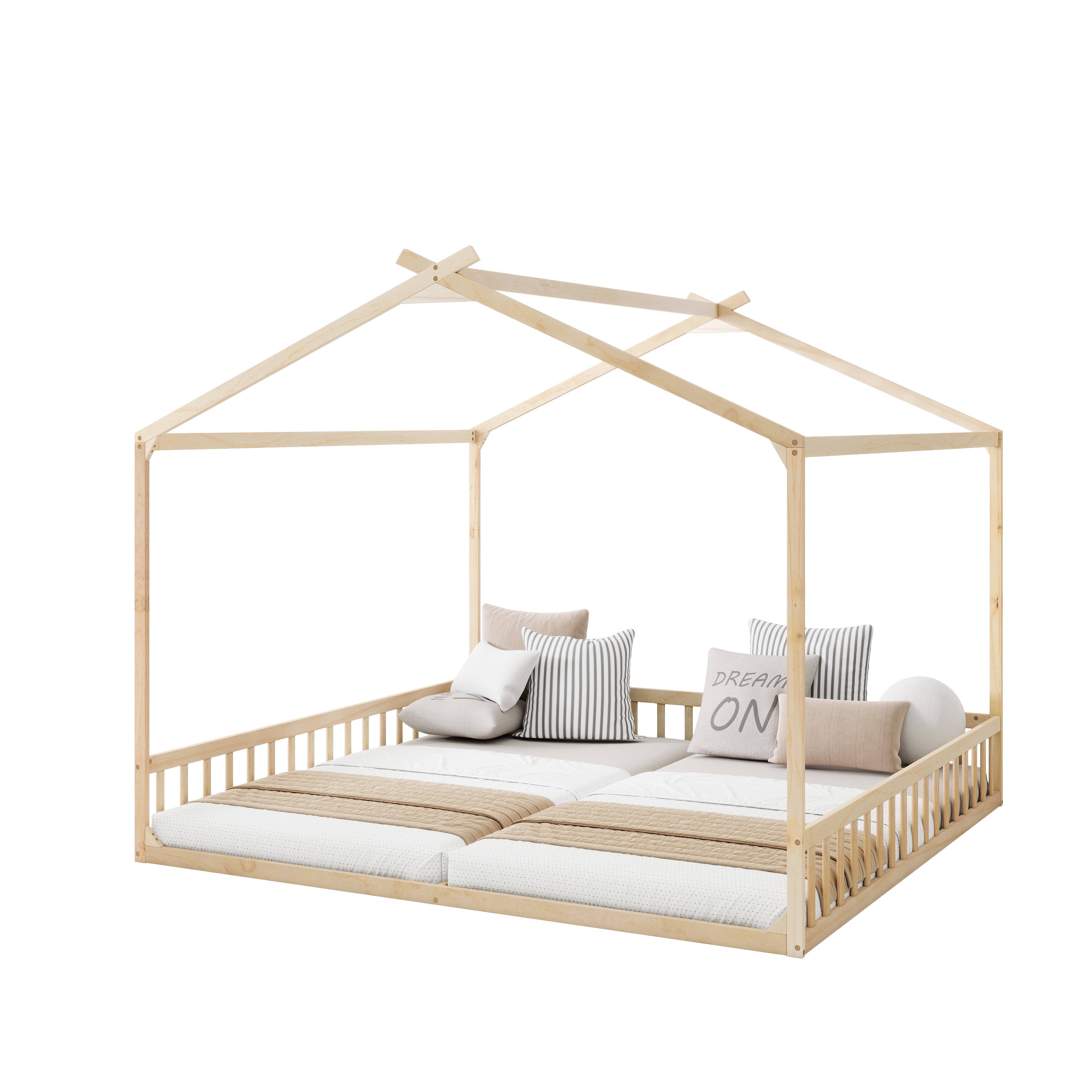GARITIN Double Twin House Shaped Floor Bed 77.4 Inch, Kids Floor Bed with Safety Guardrails for Children Shared Bedroom, Natural